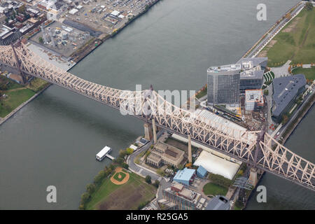 helicopter aerial view of the Ed Koch Queensboro Bridge also known as the 59th Street Bridge, New York, USA Stock Photo