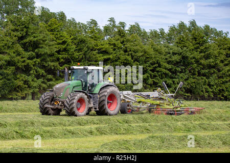 A Fendt tractor and tedder work in a farm field raking cut grass into rows for the hay baler Stock Photo