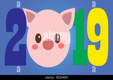 Creative postcard for New 2019 Year with cute pig. Stock Vector