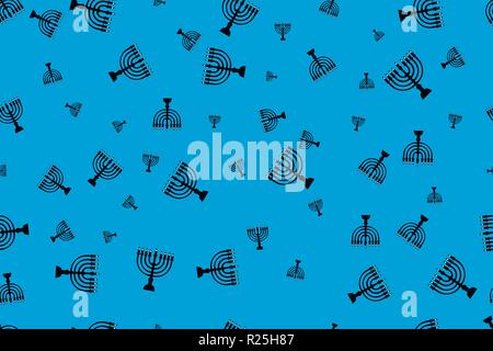 Pattern with menorah. Black menorah on a blue background Stock Vector