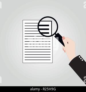 hand holding magnifier over paper Stock Vector