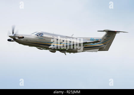 A Pilatus PC-12 passenger aircraft with a Belgian registration of a regional airliner. Stock Photo