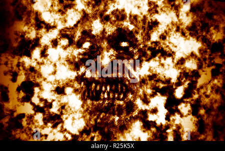 Angry burning ghoul face. Orange background. Illustration in genre of horror. Stock Photo