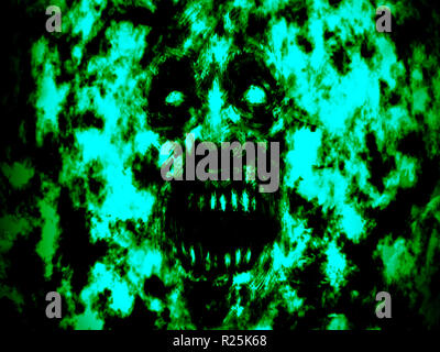 Green burning ghoul face. Green background color. Illustration in genre of horror. Stock Photo