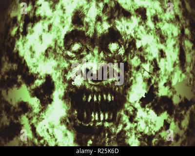 Angry burning ghoul face illustration. Genre of horror. Green background color. Stock Photo