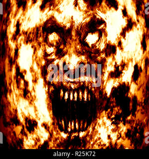 Angry burning ghoul face. Illustration in genre of horror. Orange color. Stock Photo