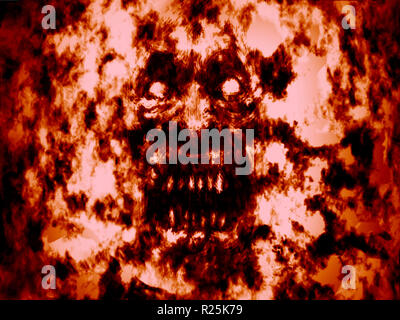 Angry bloody ghoul face. Red background. Illustration in genre of horror. Stock Photo