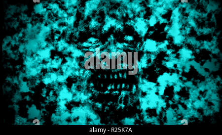 Angry burning ghoul face. Illustration in genre of horror. Blue background color. Stock Photo