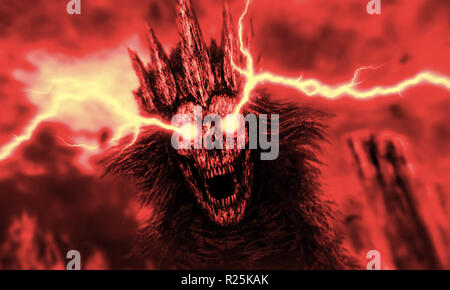 Dark queen with crown and lightning from eyes. Fantasy illustration. Red background color. Stock Photo