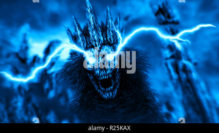 Dark queen with lightning from eyes. Blue background color. Fantasy illustration. Stock Photo