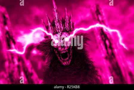 Dark queen with lightning from eyes. Fantasy illustration. Pink background color. Stock Photo