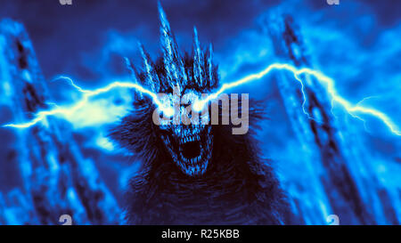 Dark queen with crown and lightning from eyes. Fantasy illustration. Blue backdrop color. Stock Photo