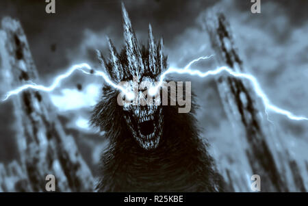 Dark queen with lightning from eyes. Fantasy illustration. Gray background color. Stock Photo