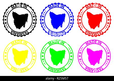 Made in Tasmania - rubber stamp - vector, Tasmania map pattern - black, blue, green, yellow, purple and red Stock Vector