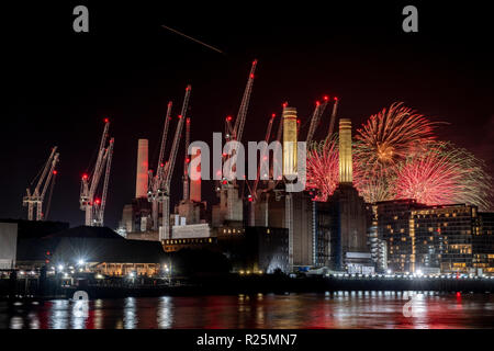 Battersea Park fireworks with Battersea Power Station in the foreground Stock Photo