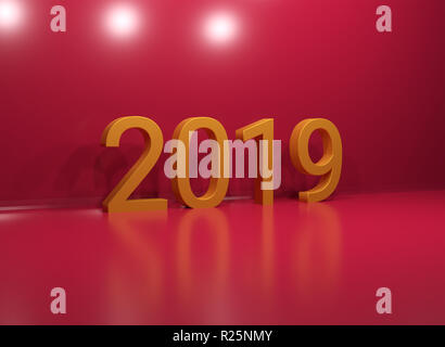 2019 Happy new year. Gold Numbers Design of greeting card. Gold Shining Pattern. Happy New Year Banner with 2019 Numbers on Bright Background. Stock Photo