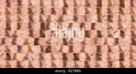 Collection of images of human noses of men and women forming a texture. Nose background collage Stock Photo