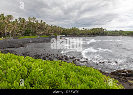 Punaluu, Hawaii - Punaluu Black Sand Beach. Stock Photo