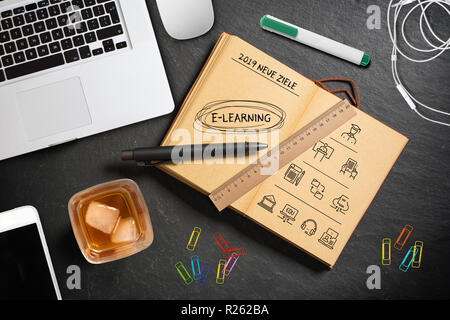 components of digital learning as icons on a notebook and the word "e-learning" and "new goals 2019" in German Stock Photo