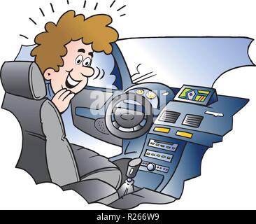 Cartoon Vector illustration of a man there looking looking at equipment in the new auto car Stock Vector