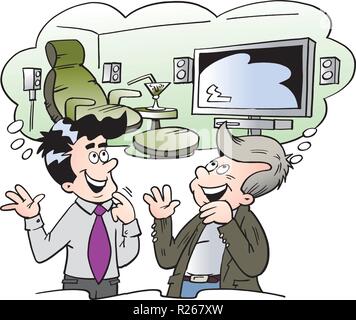 Cartoon Vector illustration of by a family man and a salesman thinking of the possibilities of the interior Stock Vector