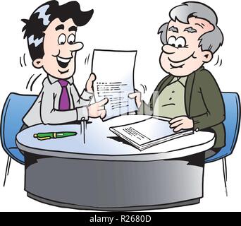 Cartoon Vector illustration of an business man and a older man having a business meeting Stock Vector