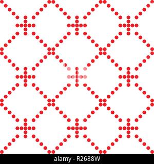 Funky geometric seamless pattern with red crosses, circles, mesh, grid, repeat tiles. Abstract vector background. Stylish modern texture. Design for d Stock Vector