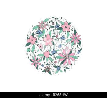 Wild flowers and leaves round badge. Doodle style circle composition isolated on white background.  Vector ilustration. Stock Vector
