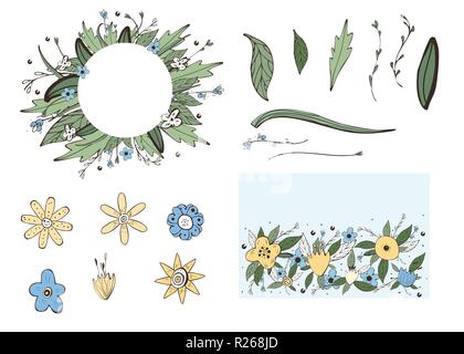 Wild flowers and leaves compositions set.  Banners template, wreath and isolated elements in doodle style .  Vector ilustration. Stock Vector