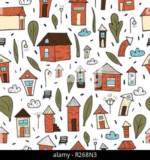 Seamless pattern of vector houses, trees and clouds. Endless background in doodle style. Stock Vector