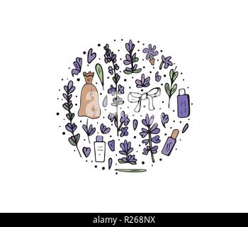 Lavender round set composition in doodle style. Circle concept of flowers and spa elements isolated on white background. Vector illustration. Stock Vector