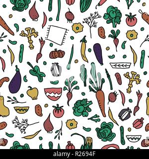Seamless pattern of vector vegetables.  Endless background of veg in doodle style. Stock Vector