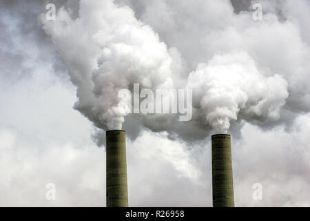 Coal Power Plant Smokestacks Emitting Pollution Stock Photo