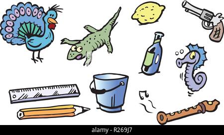 Cartoon Vector illustration of a set of funny small drawings or icons Stock Vector