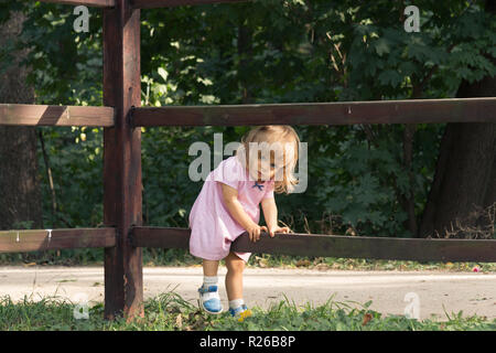 Little blond girl in pink dress climbing over the wooden fence in summer day on the forest background. Vocation in the village. Baby one year old walk Stock Photo