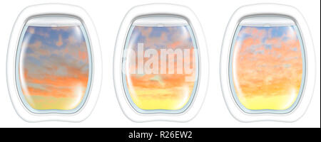 Three plane portholes on Perth sunset of Australia, from a plane on the portholes windows. Copy space. Stock Photo