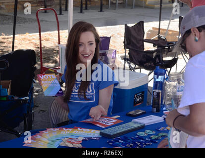 --Jen Samano, Voting rights Campaign Coordinator for the Colorado ACLU, at a booth during the Boulder Pridefest. This photo was made prior to the 2018 Stock Photo