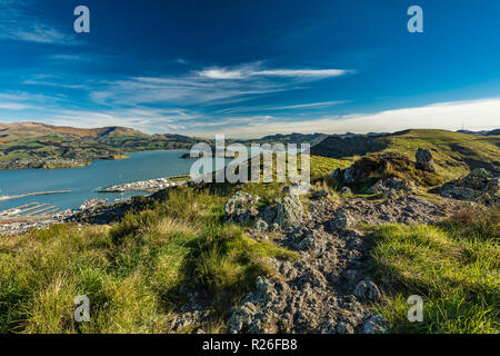 Christchurch Gondola and the Lyttelton port from Port Hills in New Zealand, South Island Stock Photo