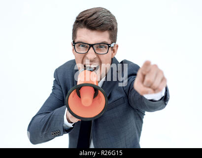close up. angry businessman with a megaphone Stock Photo