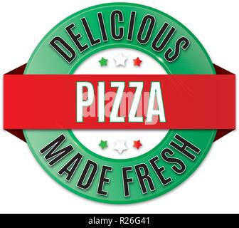 round glossy delicious italian pizza badge Stock Vector