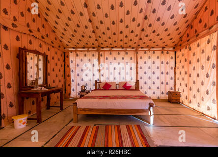 View of a luxurious room inside a tent at the Sam Sand dunes in the Golden city of Jaisalmer in the desert state of Rajasthan in western India Stock Photo