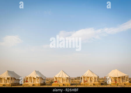 View of a tetn houses at the Sam Sand dunes in the Golden city of Jaisalmer in the desert state of Rajasthan in western India Stock Photo