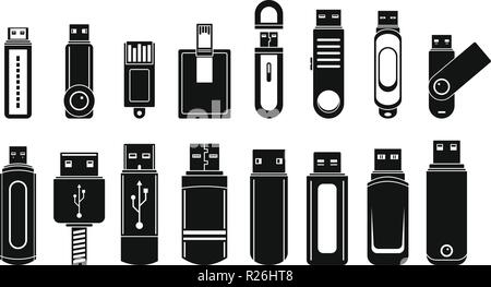 USB flash drive icons set. Simple illustration of 16 USB flash drive vector icons for web Stock Vector