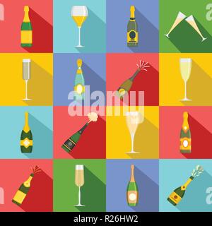 Champagne bottle glass icons set. Flat illustration of 16 champagne bottle glass vector icons for web Stock Vector