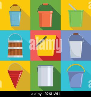 Bucket types container icons set. Flat illustration of 9 bucket types container vector icons for web Stock Vector