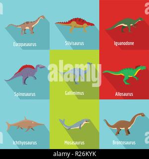 Dino icons set. flat set of 9 dino vector icons for web isolated on white background Stock Vector