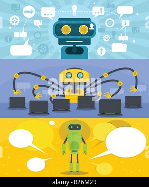 Chat robot banner concept set. Flat illustration of 3 chat robot vector banner horizontal concepts for web Stock Vector