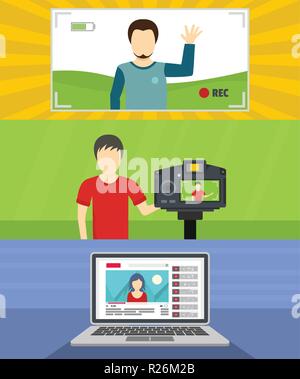 Video blog channel banner concept set. Flat illustration of 3 video blog channel vector banner horizontal concepts for web Stock Vector