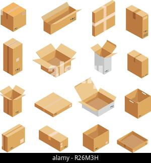 Parcel packaging box icons set. Isometric illustration of 16 parcel packaging box vector icons for web Stock Vector