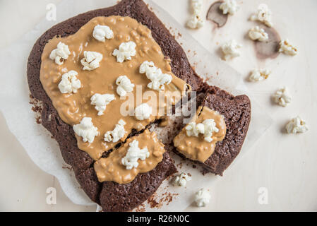 Brownie with peanut butter and pop corn Stock Photo